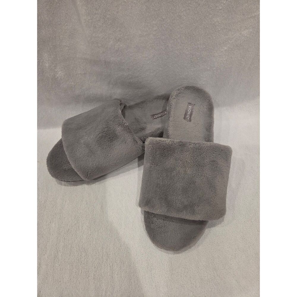 Vionic Dream Women's Gray Plush Terry Cloth Orthotic Slide Slippers Size 8